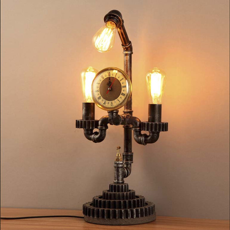 Water Pipe Bedroom Table Lamp with Gear Design and Clock Vintage Metal 3-Light Black Standing Lighting Clearhalo 'Lamps' 'Table Lamps' Lighting' 195773
