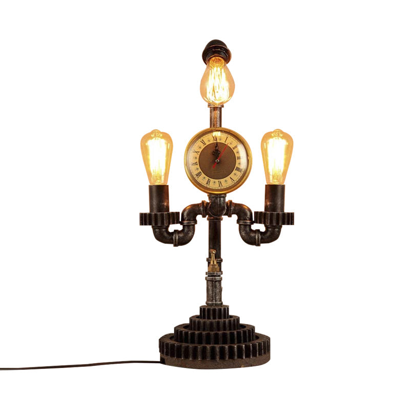 Water Pipe Bedroom Table Lamp with Gear Design and Clock Vintage Metal 3-Light Black Standing Lighting Clearhalo 'Lamps' 'Table Lamps' Lighting' 195774