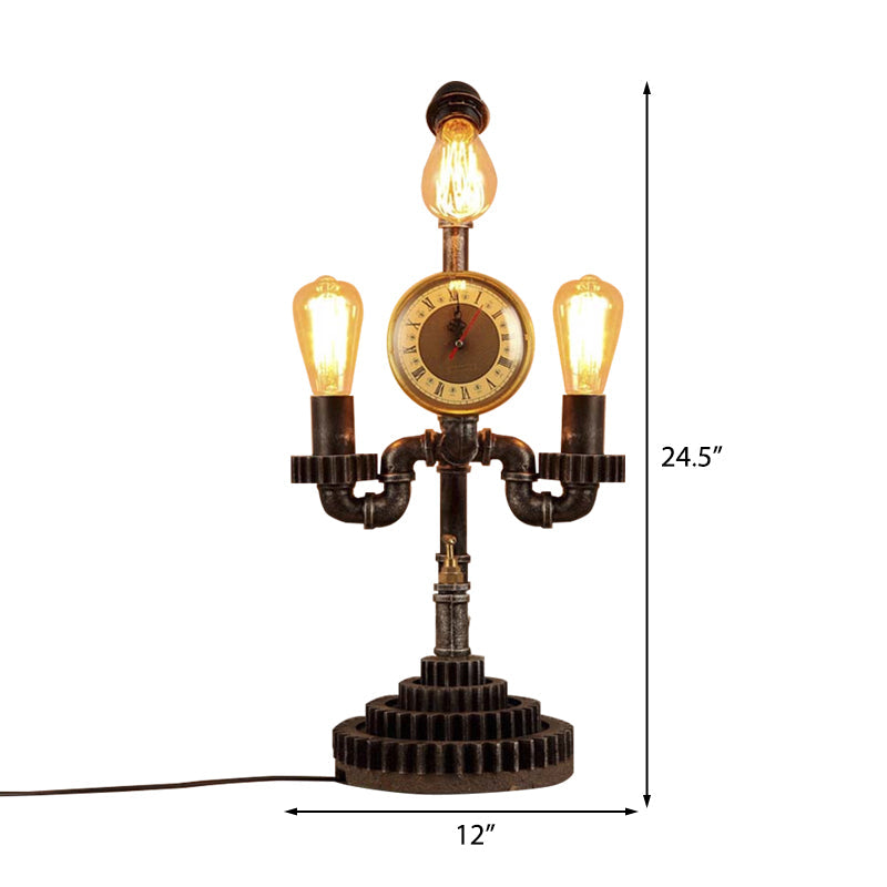 Water Pipe Bedroom Table Lamp with Gear Design and Clock Vintage Metal 3-Light Black Standing Lighting Clearhalo 'Lamps' 'Table Lamps' Lighting' 195775