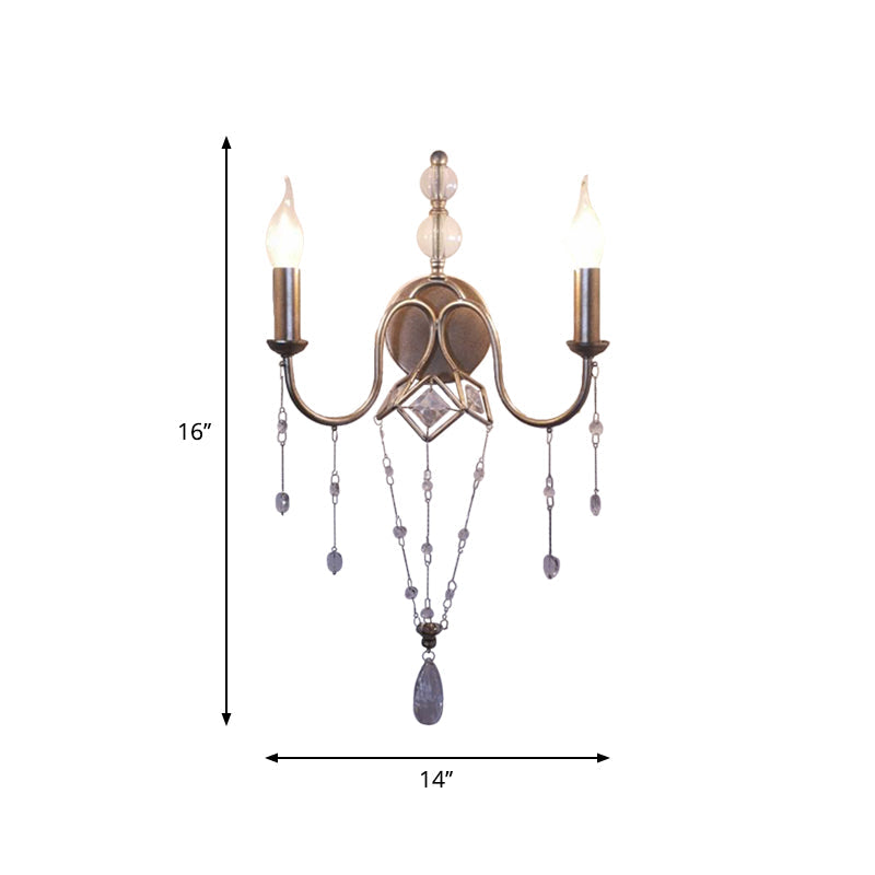 Silver Candle Wall Lighting Rustic Metal 2 Heads Living Room Sconce Light with Crystal Bracelet Decor Clearhalo 'Wall Lamps & Sconces' 'Wall Lights' Lighting' 1957981