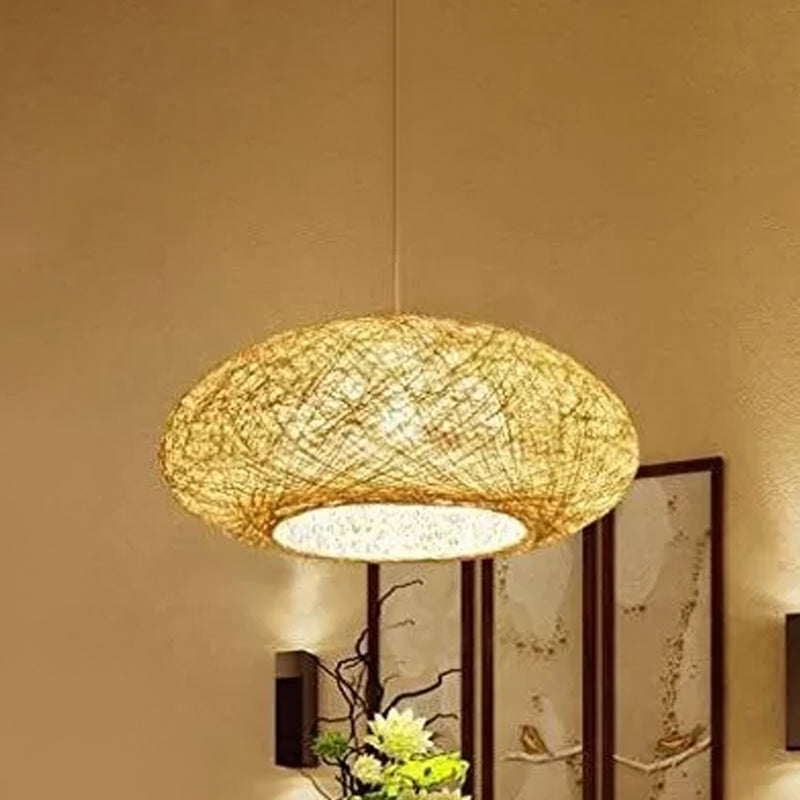 Beige Ellipse Pendulum Light Asia 1 Bulb Rattan Hanging Pendant over Table, 16