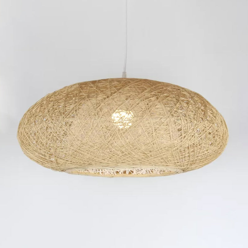 Beige Ellipse Pendulum Light Asia 1 Bulb Rattan Hanging Pendant over Table, 16