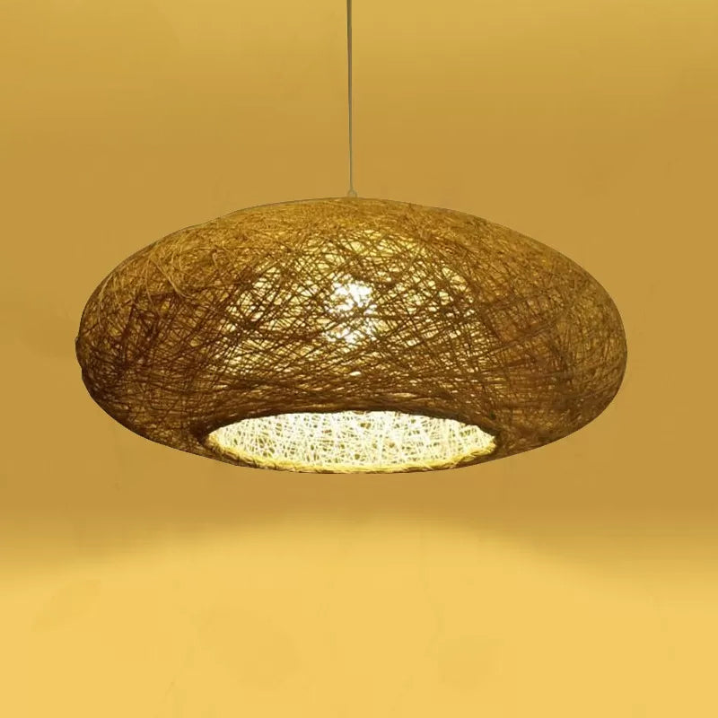 Beige Ellipse Pendulum Light Asia 1 Bulb Rattan Hanging Pendant over Table, 16