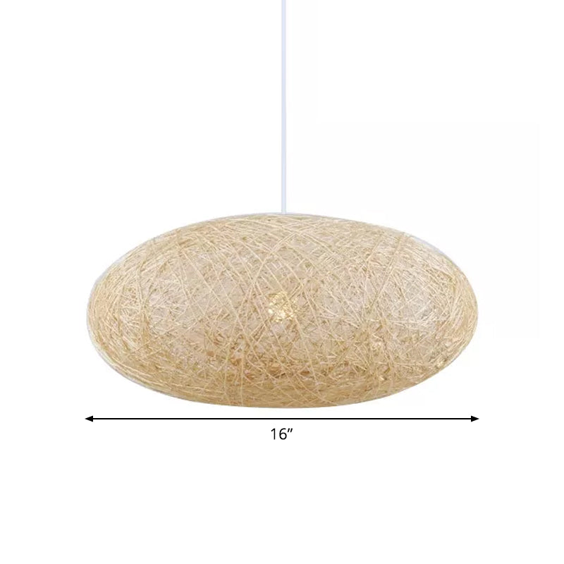 Beige Ellipse Pendulum Light Asia 1 Bulb Rattan Hanging Pendant over Table, 16