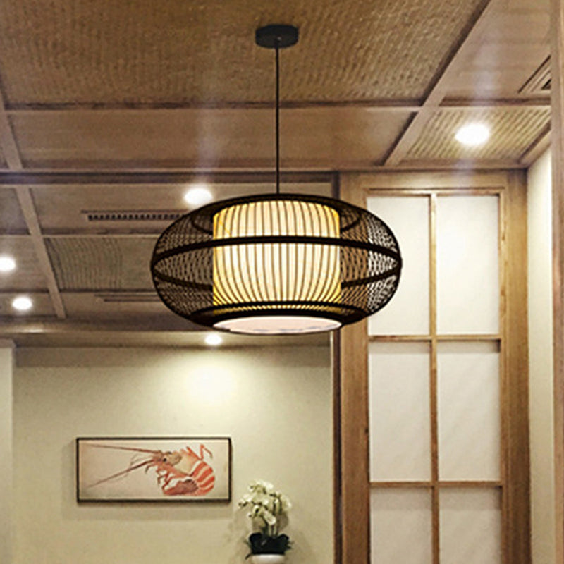 Black Oval Ceiling Hanging Lantern Chinese 1 Bulb Bamboo Pendant Lamp with Ancient Riverside Town Print, 19.5