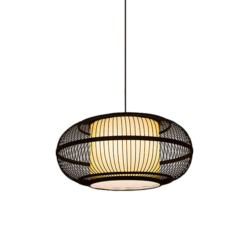 Black Oval Ceiling Hanging Lantern Chinese 1 Bulb Bamboo Pendant Lamp with Ancient Riverside Town Print, 19.5