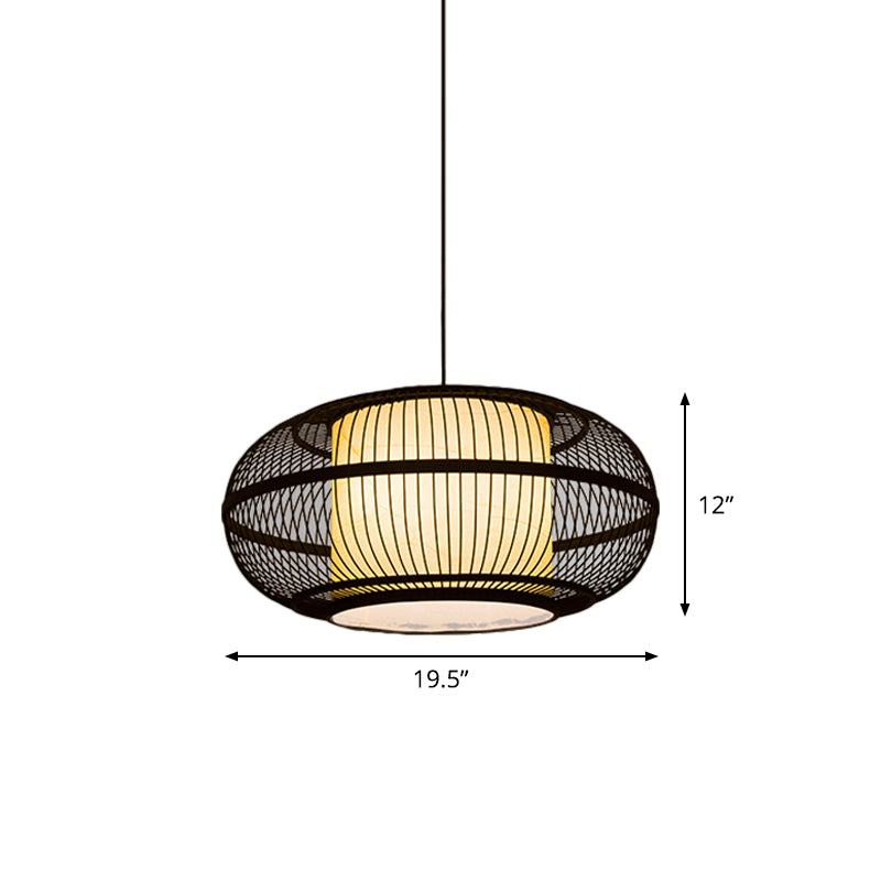 Black Oval Ceiling Hanging Lantern Chinese 1 Bulb Bamboo Pendant Lamp with Ancient Riverside Town Print, 19.5