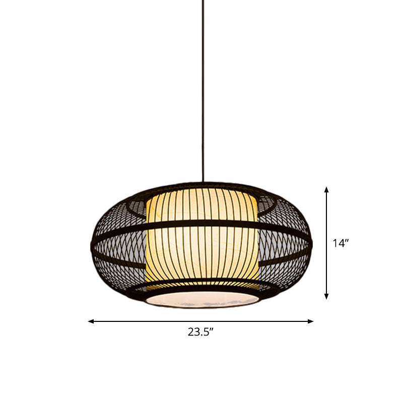 Black Oval Ceiling Hanging Lantern Chinese 1 Bulb Bamboo Pendant Lamp with Ancient Riverside Town Print, 19.5