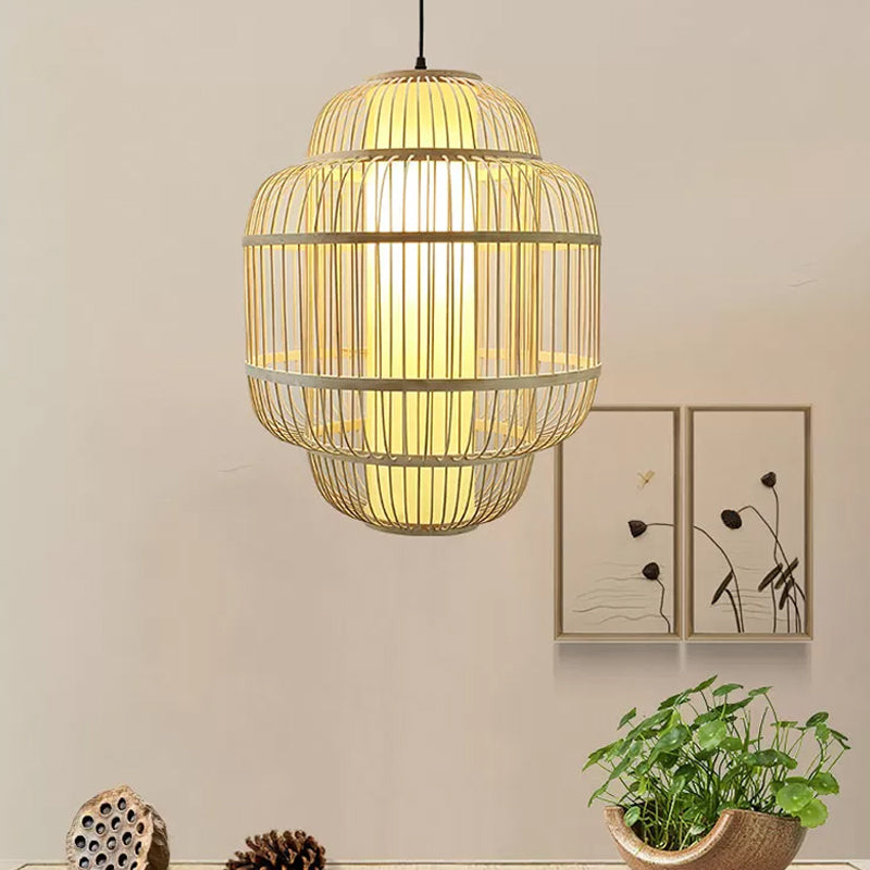 Bamboo Lantern Pendant Lighting Asian 1-Light Beige Down Lighting for Dining Room, 16