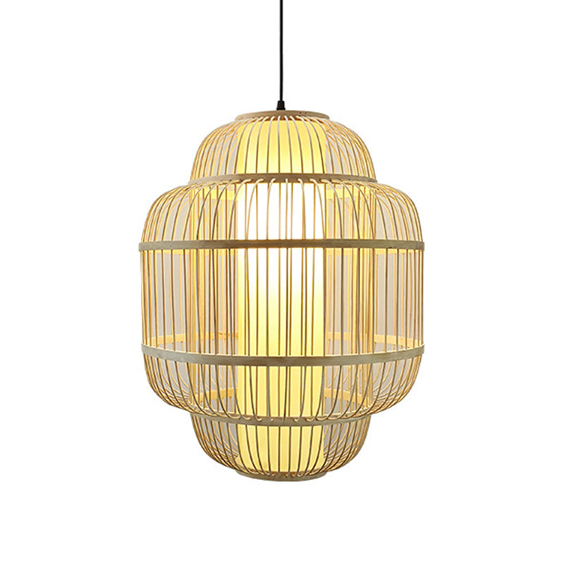 Bamboo Lantern Pendant Lighting Asian 1-Light Beige Down Lighting for Dining Room, 16