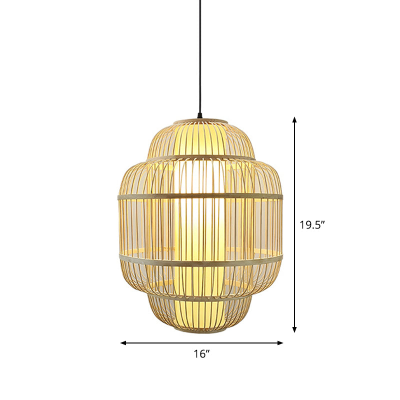 Bamboo Lantern Pendant Lighting Asian 1-Light Beige Down Lighting for Dining Room, 16