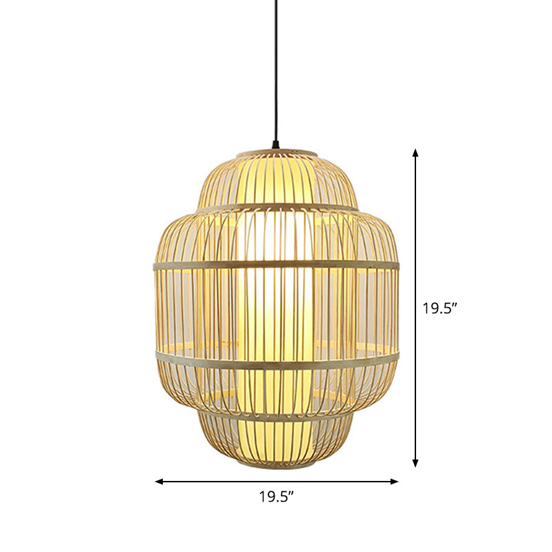 Bamboo Lantern Pendant Lighting Asian 1-Light Beige Down Lighting for Dining Room, 16