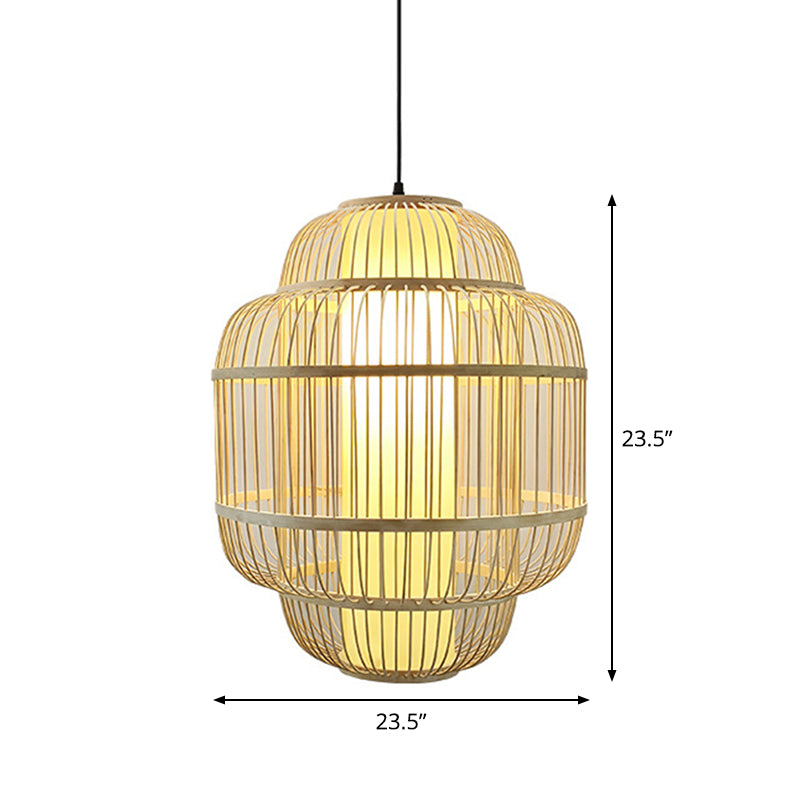 Bamboo Lantern Pendant Lighting Asian 1-Light Beige Down Lighting for Dining Room, 16