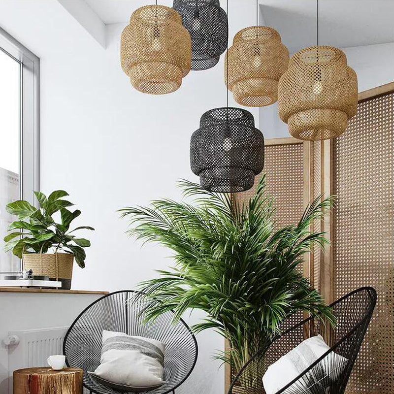 Criss-Cross Woven Lantern Pendant Asian Style Bamboo 1 Bulb Living Room Hanging Light in Black/Beige, 15