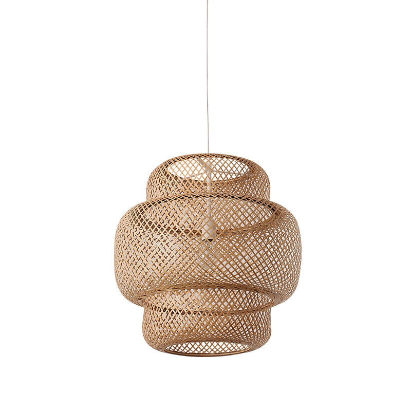 Criss-Cross Woven Lantern Pendant Asian Style Bamboo 1 Bulb Living Room Hanging Light in Black/Beige, 15