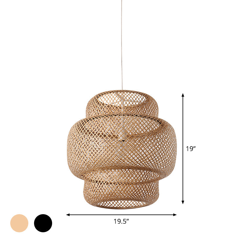 Criss-Cross Woven Lantern Pendant Asian Style Bamboo 1 Bulb Living Room Hanging Light in Black/Beige, 15