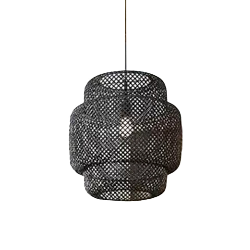 Criss-Cross Woven Lantern Pendant Asian Style Bamboo 1 Bulb Living Room Hanging Light in Black/Beige, 15