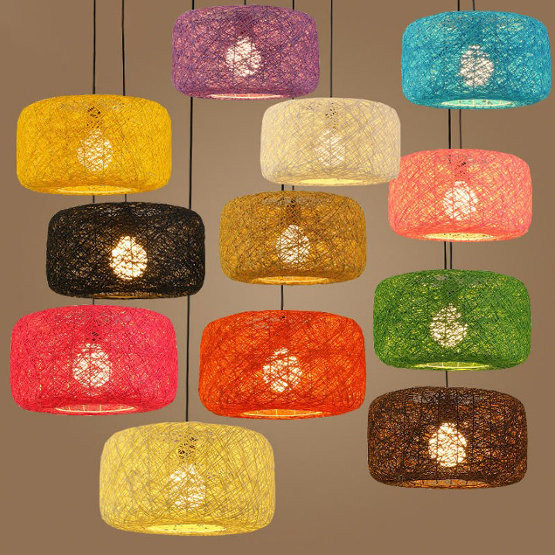 Red/Pink/Orange Drum Drop Pendant Macaron 1-Light Rattan Weaving Suspension Lighting for Bistro Clearhalo 'Ceiling Lights' 'Modern Pendants' 'Modern' 'Pendant Lights' 'Pendants' Lighting' 1958319