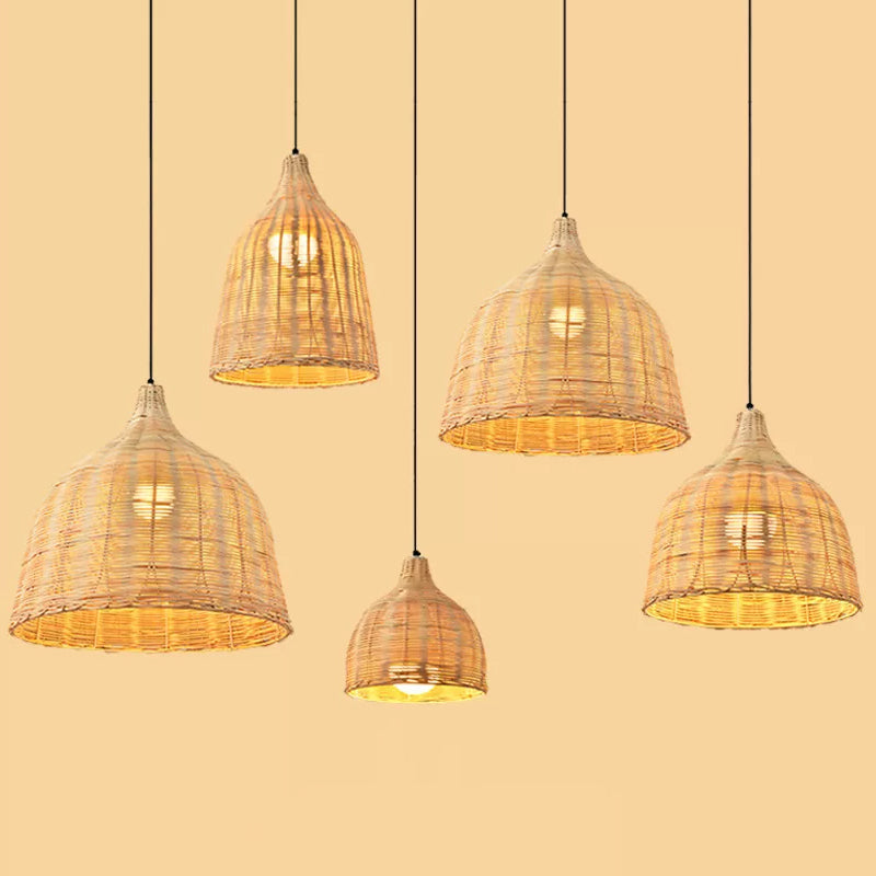 Hand-Worked Bell Hanging Lamp Asia Bamboo 1-Light Beige Down Lighting Pendant for Restaurant, 10