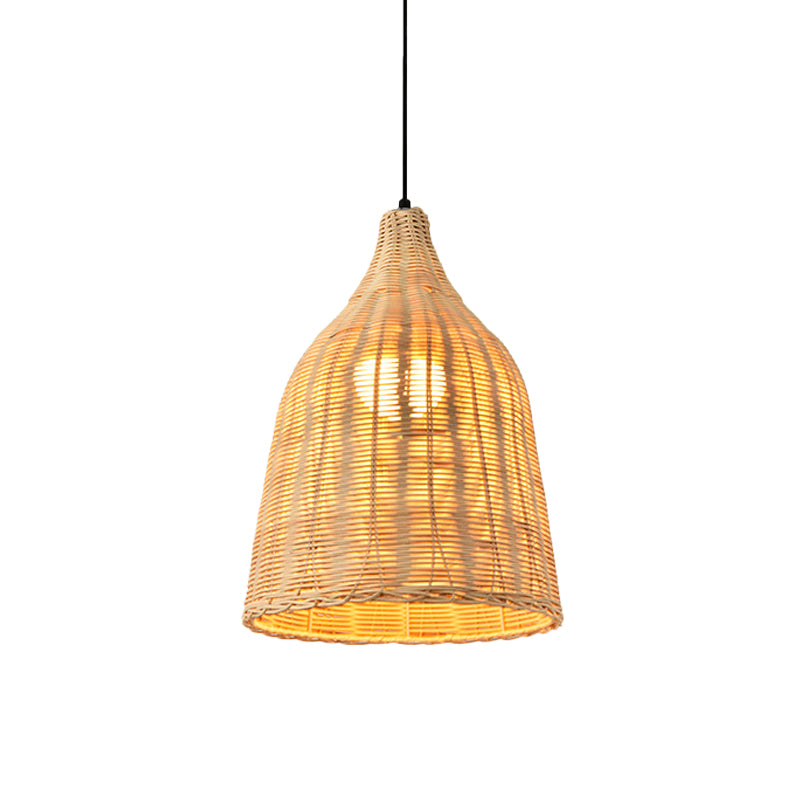 Hand-Worked Bell Hanging Lamp Asia Bamboo 1-Light Beige Down Lighting Pendant for Restaurant, 10