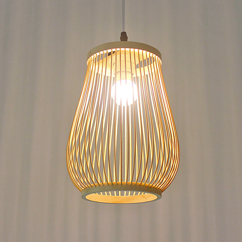 Funnel/Urn/Pear Ceiling Hang Light Asian Bamboo Single-Bulb Tearoom Hanging Pendant in Beige Clearhalo 'Ceiling Lights' 'Modern Pendants' 'Modern' 'Pendant Lights' 'Pendants' Lighting' 1958454