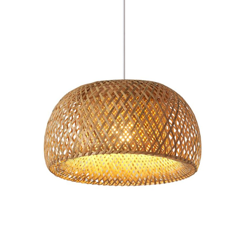 Cross-Weaving Dome Bamboo Pendant Lighting Chinese 1 Light Beige Hanging Ceiling Light over Table, 12