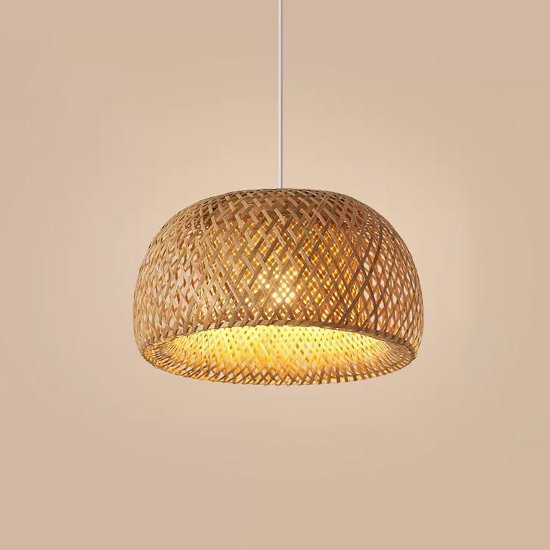 Cross-Weaving Dome Bamboo Pendant Lighting Chinese 1 Light Beige Hanging Ceiling Light over Table, 12