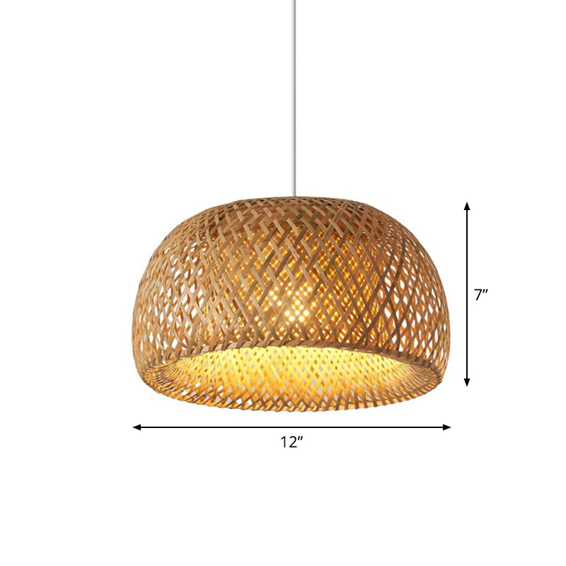 Cross-Weaving Dome Bamboo Pendant Lighting Chinese 1 Light Beige Hanging Ceiling Light over Table, 12