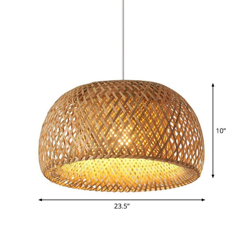 Cross-Weaving Dome Bamboo Pendant Lighting Chinese 1 Light Beige Hanging Ceiling Light over Table, 12