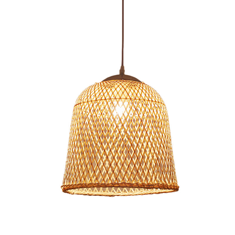 Bell/Bowl/Bottle Hallway Drop Pendant Criss-Cross Woven Bamboo Single-Bulb Asian Hanging Lamp in Beige Beige E Clearhalo 'Ceiling Lights' 'Modern Pendants' 'Modern' 'Pendant Lights' 'Pendants' Lighting' 1958500