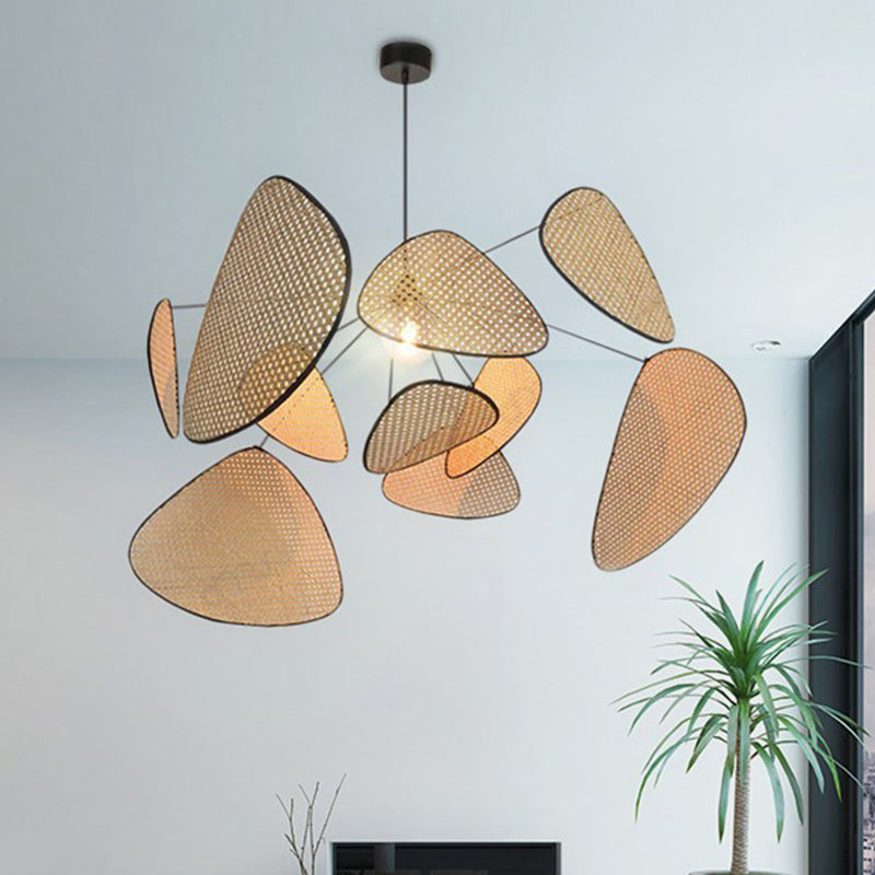 Hand-Worked Leaf Pendant Lighting Stylish Asian Bamboo 1 Bulb Beige Ceiling Suspension Lamp, 27.5