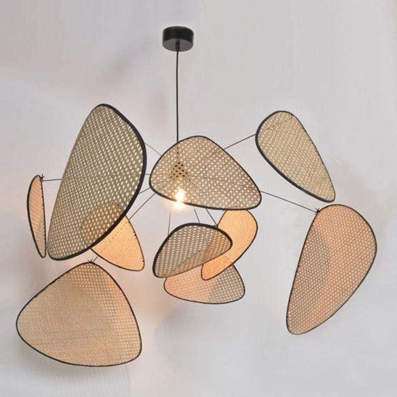 Hand-Worked Leaf Pendant Lighting Stylish Asian Bamboo 1 Bulb Beige Ceiling Suspension Lamp, 27.5