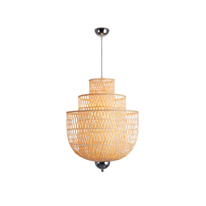 Inverted 3-Layer Bamboo Pendant Lamp Modern 1-Light Beige Suspended Lighting Fixture for Restaurant, 18