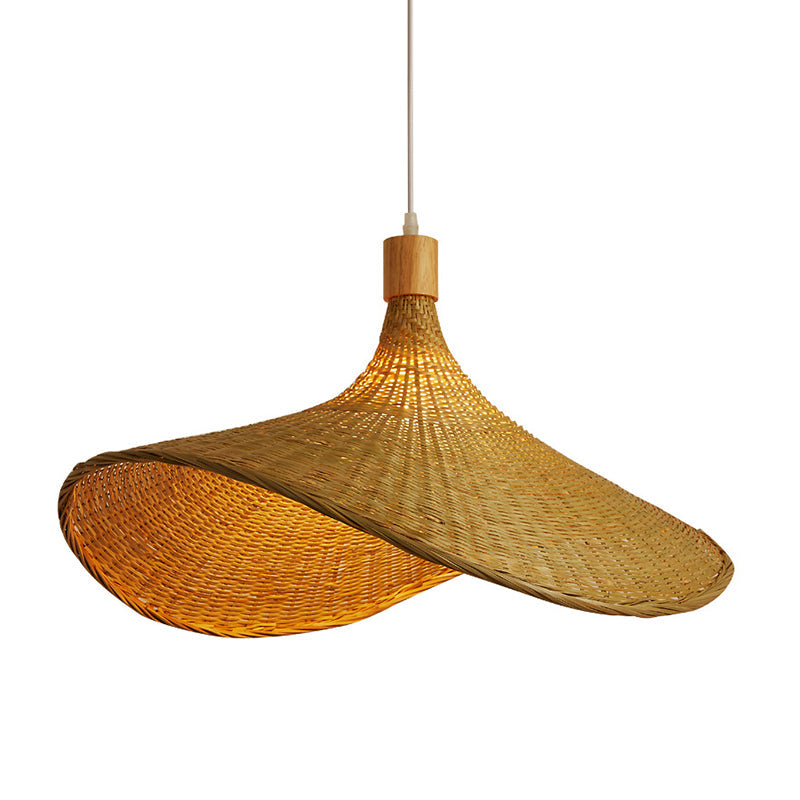 Bamboo Braided Hat Suspension Lamp Asian Style 1-Light Beige Hanging Pendant Light over Table, 19.5