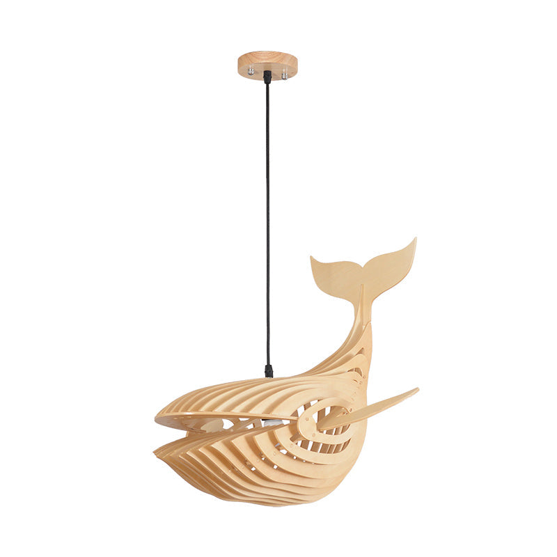 Whale Kids Bedside Down Lighting Pendant Wooden 1 Head Modern Hanging Lamp in Beige, 21.5