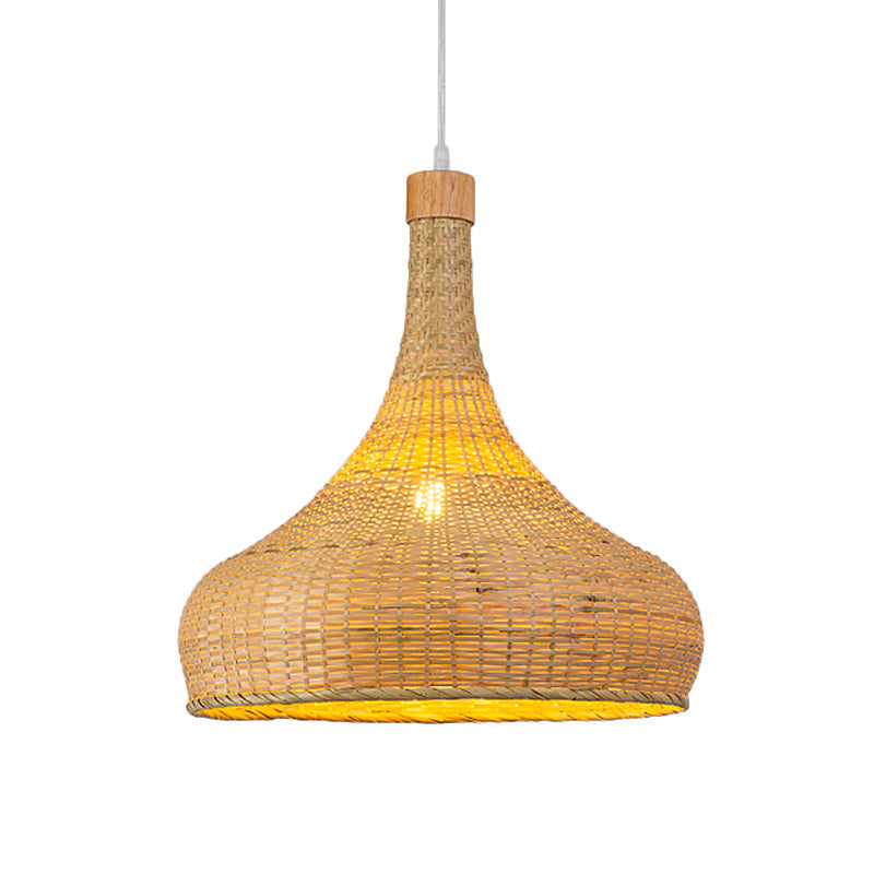 Onion/Raindrop/Bell Bamboo Pendant Lighting Asia 1 Light Beige Hanging Light Fixture over Table, 10.5