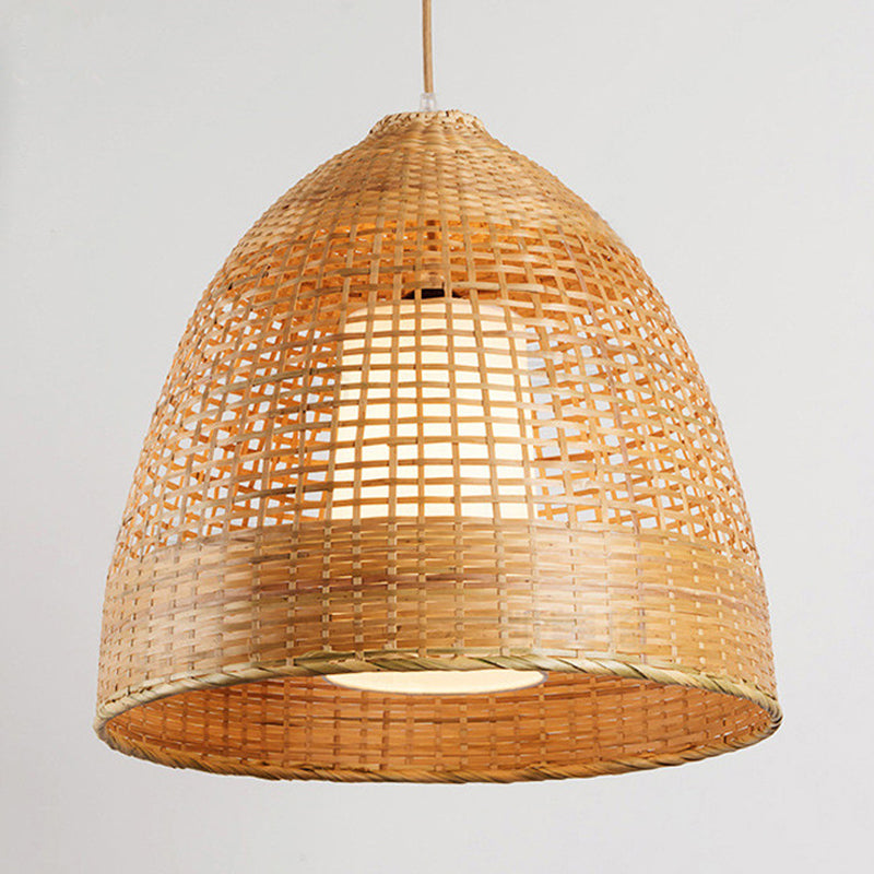 Hand-Twisted Bell Ceiling Pendant Chinese Bamboo Single Living Room Hanging Lamp in Beige, 16