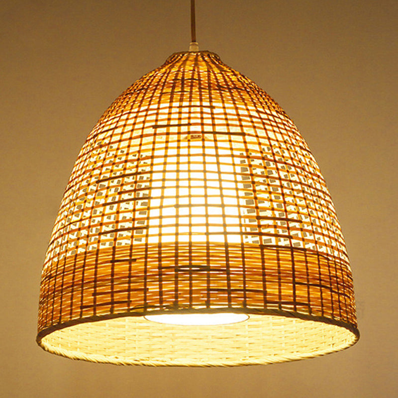 Hand-Twisted Bell Ceiling Pendant Chinese Bamboo Single Living Room Hanging Lamp in Beige, 16