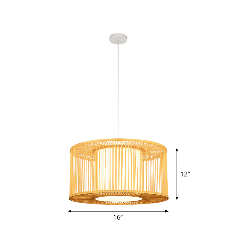 1-Light Kitchen Bar Pendulum Light Asia Beige Hanging Pendant with Drum Bamboo Shade, 16