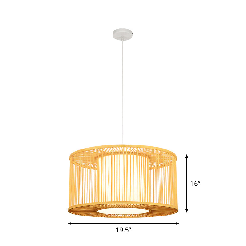 1-Light Kitchen Bar Pendulum Light Asia Beige Hanging Pendant with Drum Bamboo Shade, 16