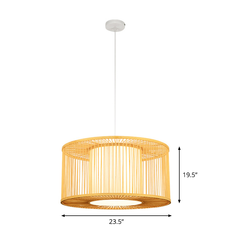 1-Light Kitchen Bar Pendulum Light Asia Beige Hanging Pendant with Drum Bamboo Shade, 16