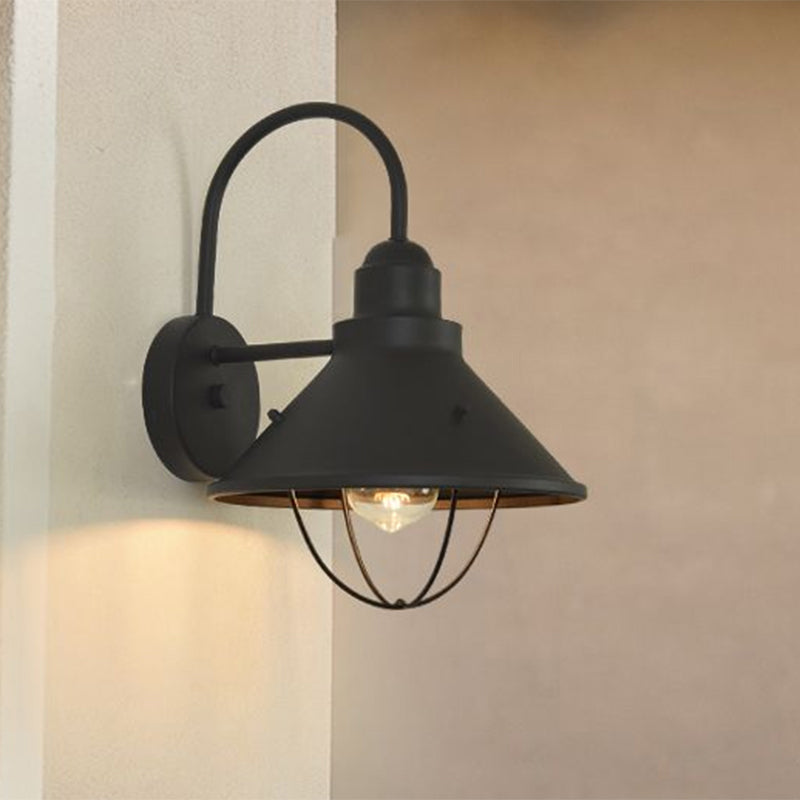 One Bulb Cone Shade Wall Light Industrial Black Metal Sconce Lighting Fixture with Cage Clearhalo 'Art deco wall lights' 'Cast Iron' 'Glass' 'Industrial wall lights' 'Industrial' 'Middle century wall lights' 'Modern' 'Rustic wall lights' 'Tiffany' 'Traditional wall lights' 'Wall Lamps & Sconces' 'Wall Lights' Lighting' 1959427