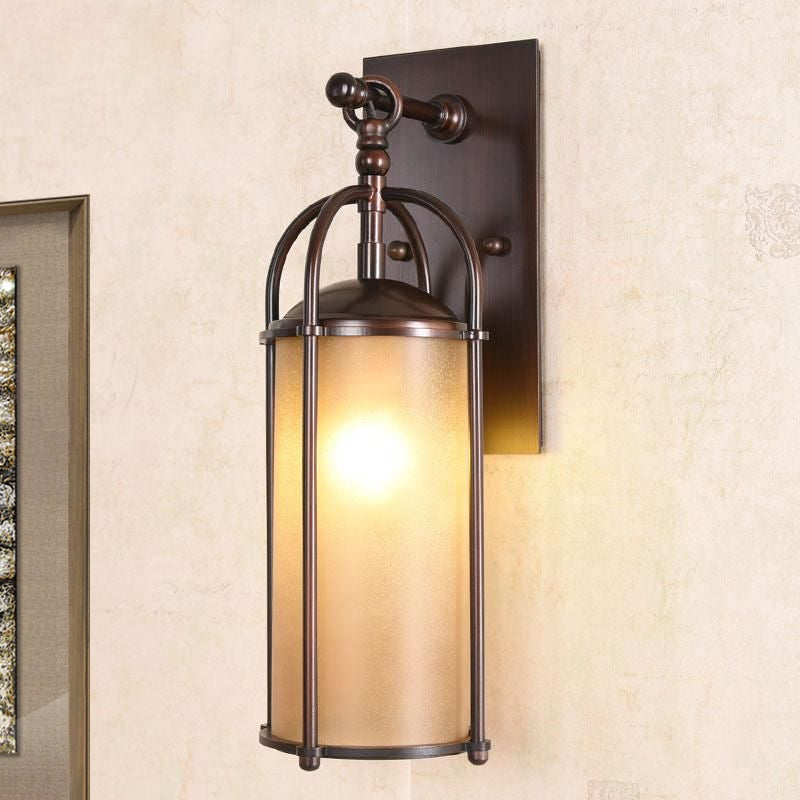 Cylindrical Frosted Glass Wall Light Industrial Single Bulb Bedroom Sconce with Metal Backplate in Bronze Clearhalo 'Art deco wall lights' 'Cast Iron' 'Glass' 'Industrial wall lights' 'Industrial' 'Middle century wall lights' 'Modern' 'Rustic wall lights' 'Tiffany' 'Traditional wall lights' 'Wall Lamps & Sconces' 'Wall Lights' Lighting' 1959434