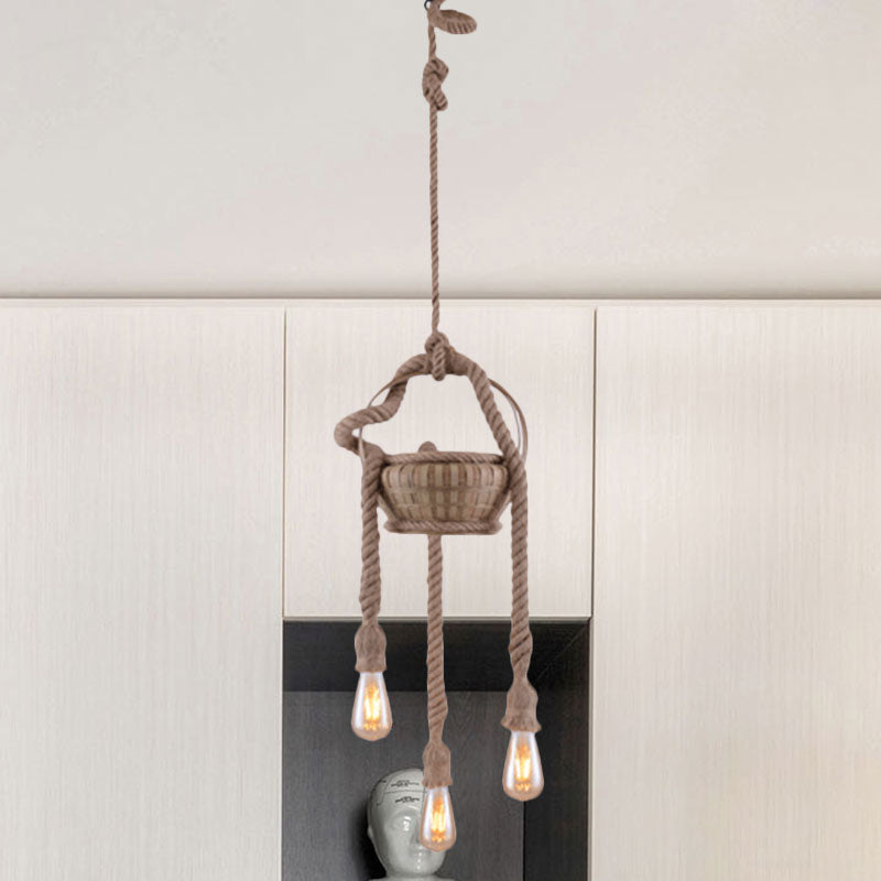 Beige Hemp Rope Chandeliers Antique Basket Bare Bulb Hanging Light for Living Room 3 Beige Clearhalo 'Ceiling Lights' 'Chandeliers' 'Industrial Chandeliers' 'Industrial' 'Middle Century Chandeliers' 'Tiffany' Lighting' 1959557