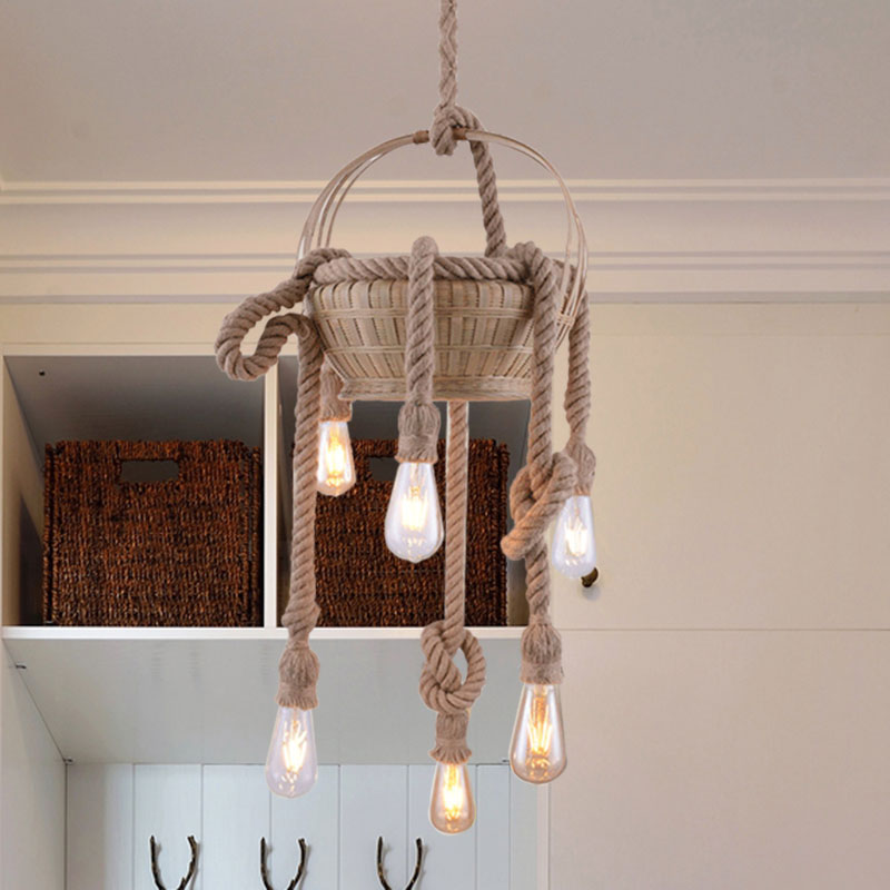 Beige Hemp Rope Chandeliers Antique Basket Bare Bulb Hanging Light for Living Room 6 Beige Clearhalo 'Ceiling Lights' 'Chandeliers' 'Industrial Chandeliers' 'Industrial' 'Middle Century Chandeliers' 'Tiffany' Lighting' 1959562