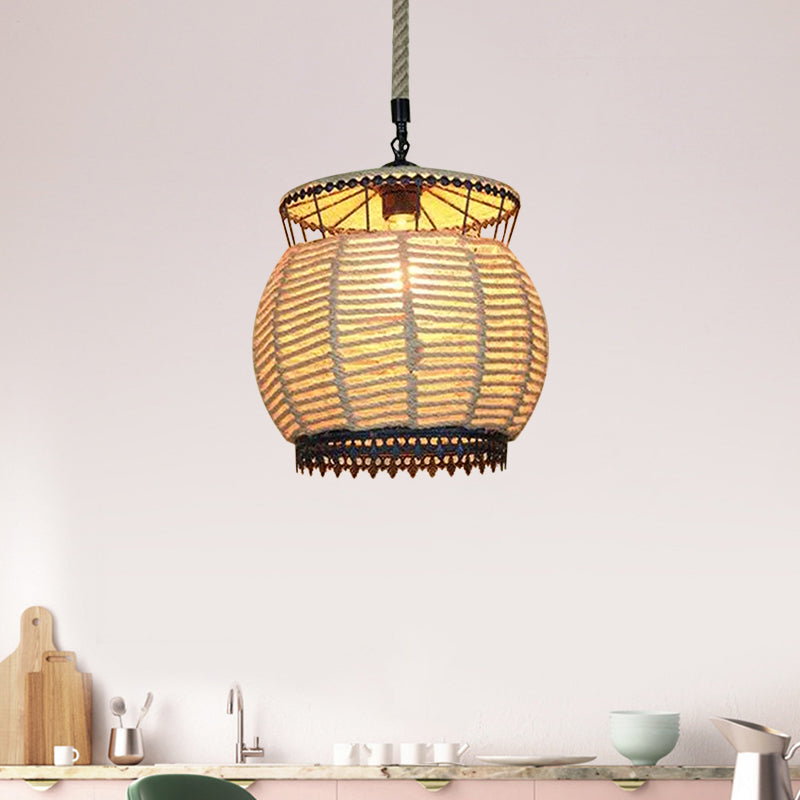 Vintage Globe/Bowl Shade Hanging Lamp 1 Light Hemp Rope Suspension Light in Beige for Coffee Shop Beige Barrel Clearhalo 'Ceiling Lights' 'Industrial Pendants' 'Industrial' 'Middle Century Pendants' 'Pendant Lights' 'Pendants' 'Tiffany' Lighting' 1959652