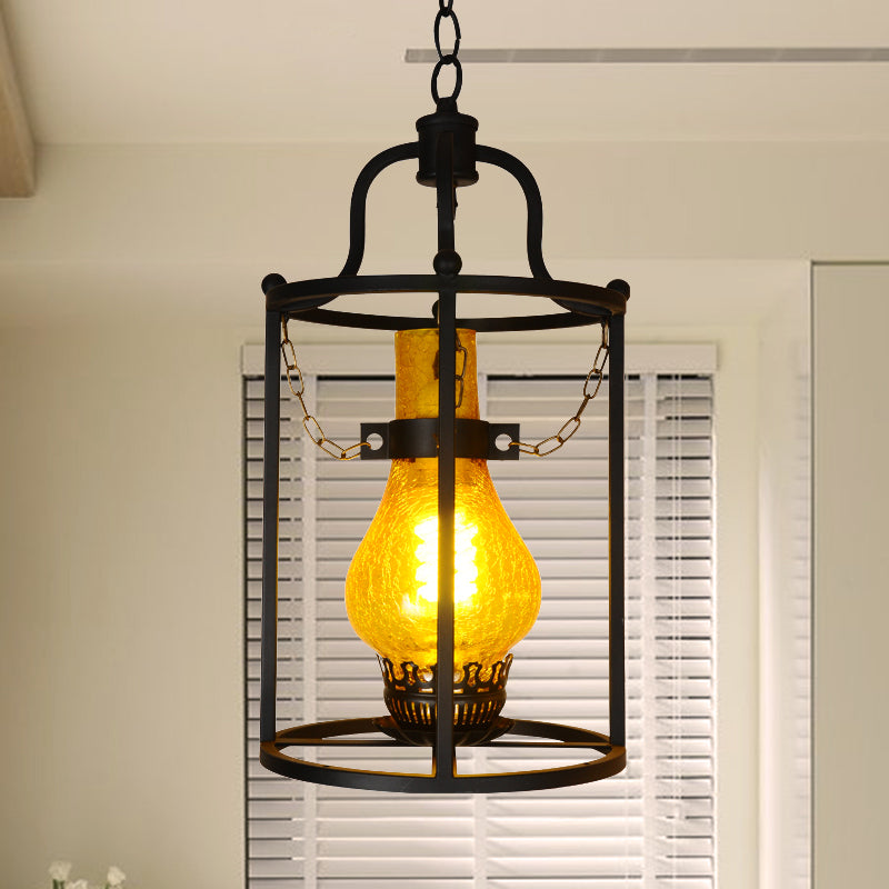 1 Light Lantern Ceiling Pendant Light Vintage Black Crackle Glass Hanging Lamp for Indoor Yellow Clearhalo 'Art Deco Pendants' 'Cast Iron' 'Ceiling Lights' 'Ceramic' 'Crystal' 'Industrial Pendants' 'Industrial' 'Metal' 'Middle Century Pendants' 'Pendant Lights' 'Pendants' 'Tiffany' Lighting' 1959767