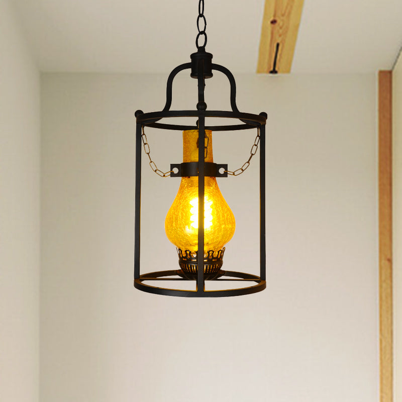 1 Light Lantern Ceiling Pendant Light Vintage Black Crackle Glass Hanging Lamp for Indoor Clearhalo 'Art Deco Pendants' 'Cast Iron' 'Ceiling Lights' 'Ceramic' 'Crystal' 'Industrial Pendants' 'Industrial' 'Metal' 'Middle Century Pendants' 'Pendant Lights' 'Pendants' 'Tiffany' Lighting' 1959768