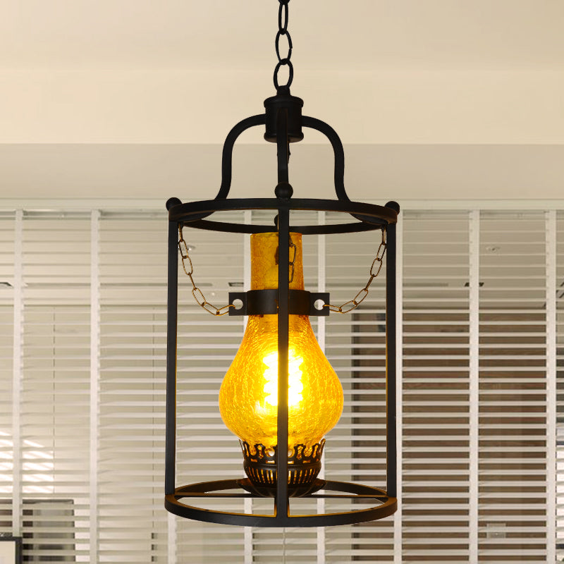 1 Light Lantern Ceiling Pendant Light Vintage Black Crackle Glass Hanging Lamp for Indoor Clearhalo 'Art Deco Pendants' 'Cast Iron' 'Ceiling Lights' 'Ceramic' 'Crystal' 'Industrial Pendants' 'Industrial' 'Metal' 'Middle Century Pendants' 'Pendant Lights' 'Pendants' 'Tiffany' Lighting' 1959769