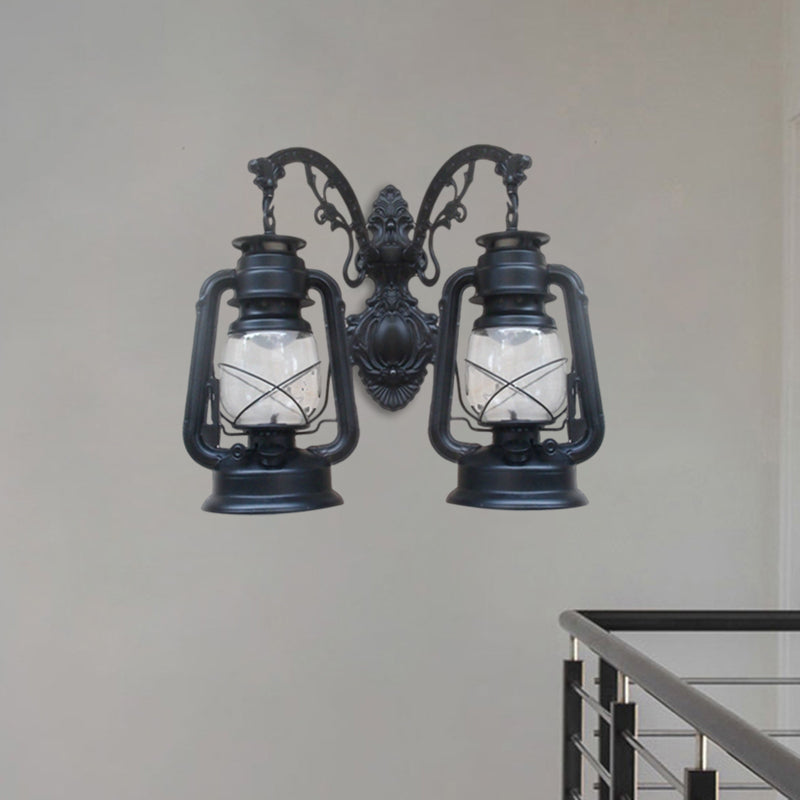 Industrial Lantern Wall Lighting Fixture 2 Bulbs Clear Glass Sconce Light in Black/Bronze/Copper Clearhalo 'Wall Lamps & Sconces' 'Wall Lights' Lighting' 1959774